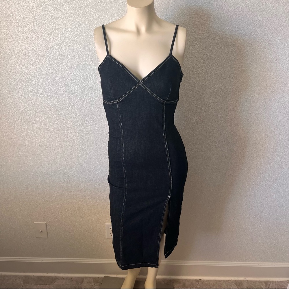 Topshop Black Spaghetti Strap Denim Midi Dress with Slit Front US Size 4 - Picture 8 of 11